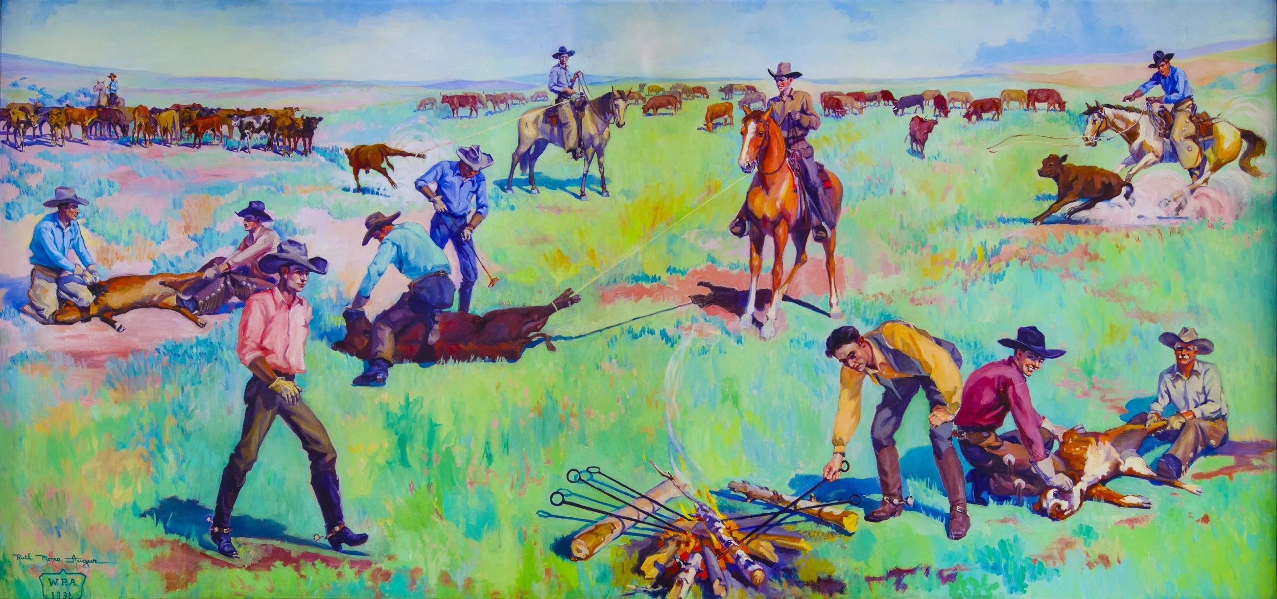 Colorful painting depicting cowboys on horseback and on the ground, roping and tending to cattle in a grassy field with a herd in the background.