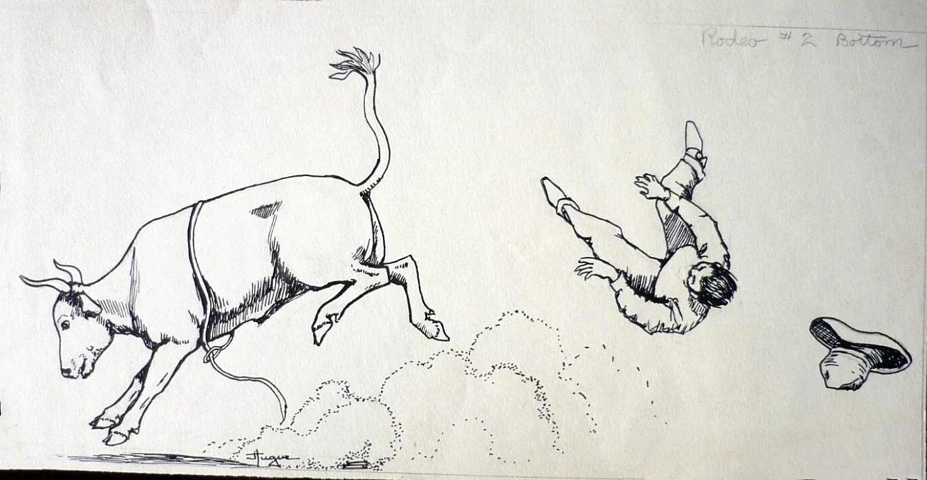 Ruth Monro Augur Black and white line drawing of a bull and a rodeo clown, with a hat nearby.