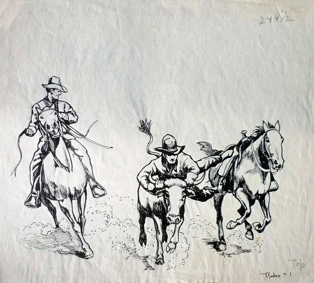 Ruth Monro Augur Black and white drawing of two cowboys on horseback and one cowboy on foot, all engaged in a rodeo event labeled 'Rodeo 1' in the bottom right corner.