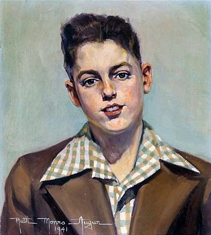 Painting of a young boy with dark hair, wearing a brown jacket over a checkered shirt, looking at the camera.