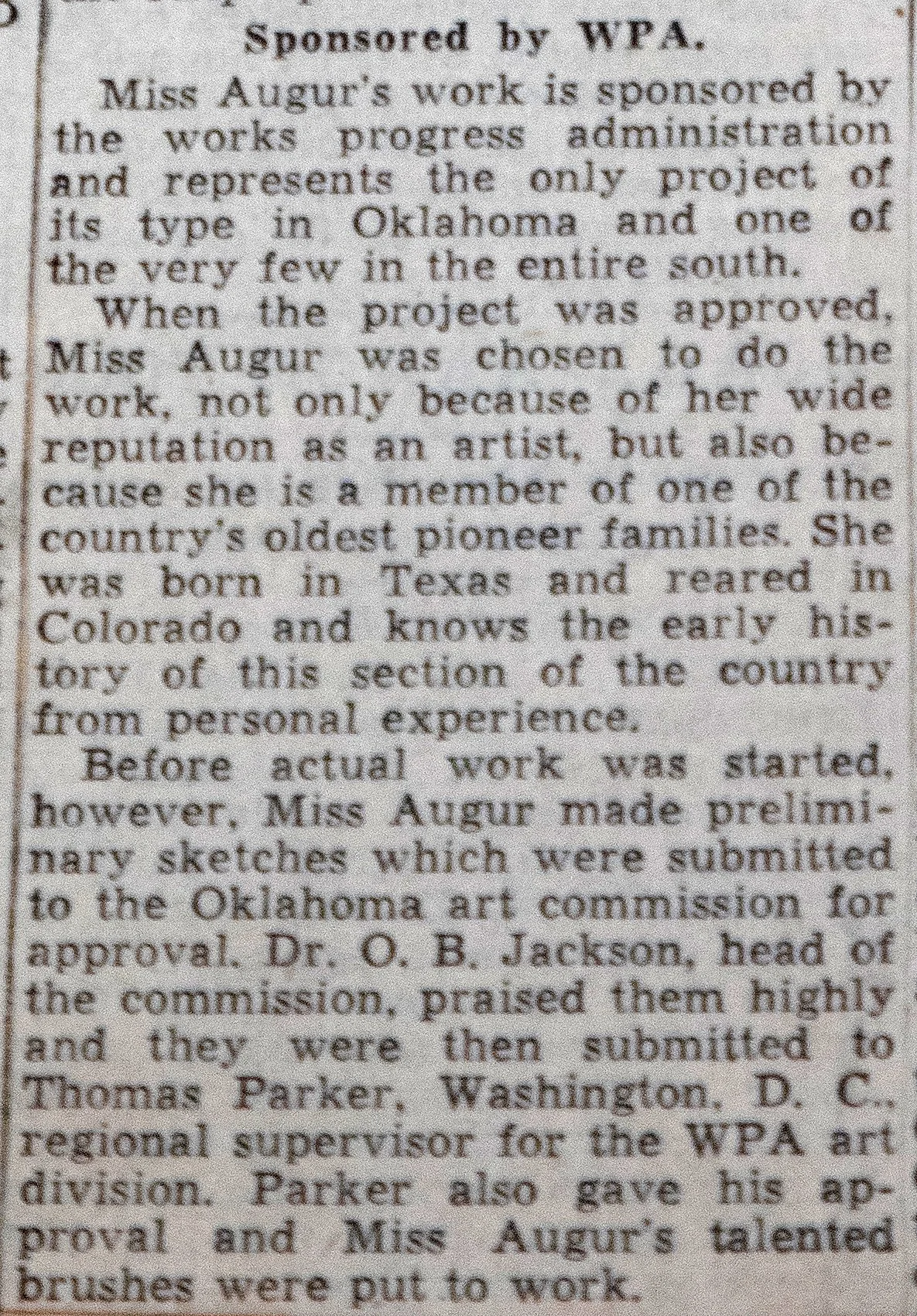A close-up photograph of a newspaper article about Miss Augur, a pioneering Oklahoma artist and her early work, including sketches submitted for approval and recognition from art supervisors.