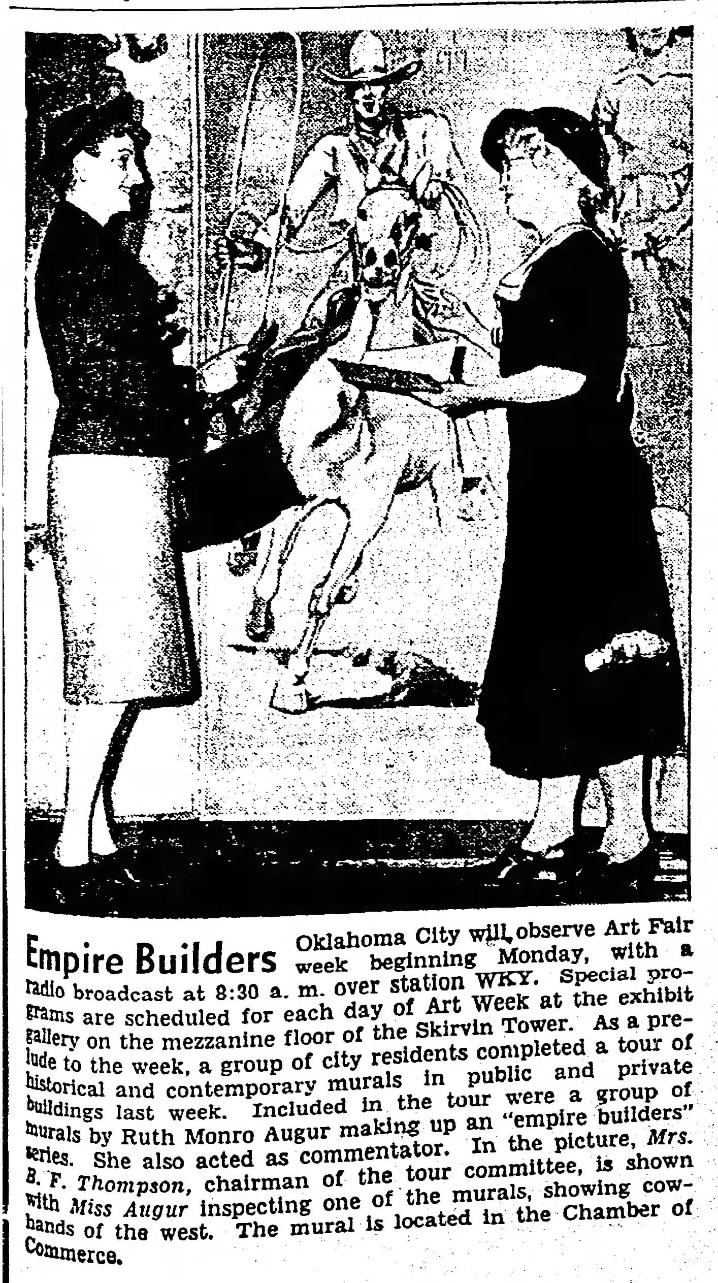 Black and white photo of two women examining murals, one of whom is Miss Augur, with a cityscape mural illustrating a cowboy on a horse in the background.