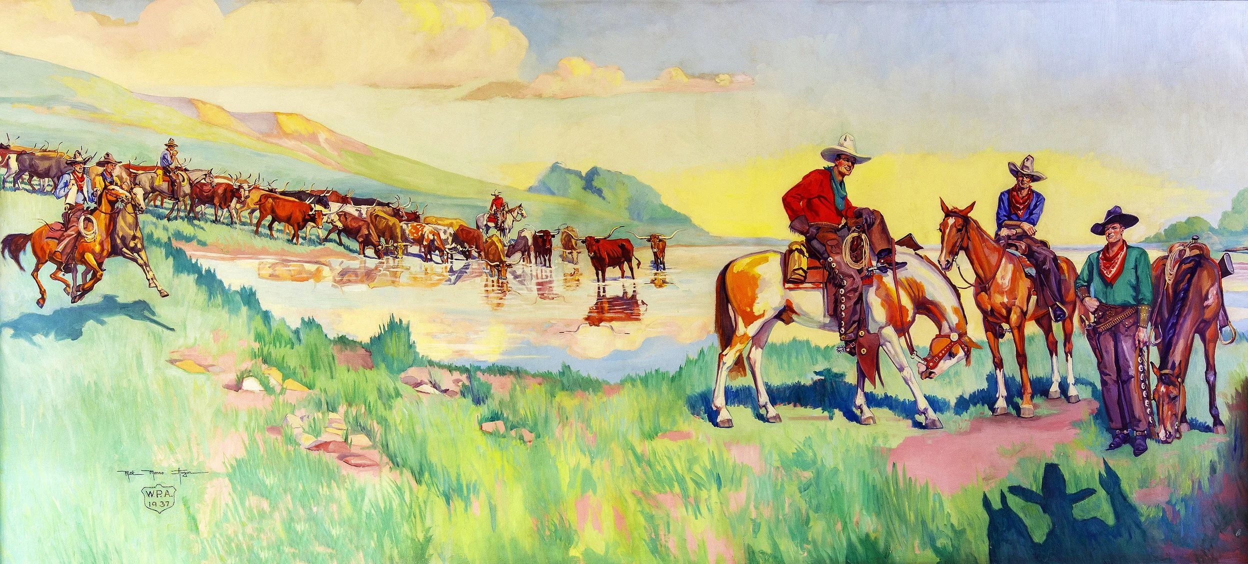 A colorful painting of cowboys herding cattle across a river with mountains in the background. Three cowboys on horseback are in the foreground, one wearing a red shirt and two wearing blue, with a dog nearby. The herd of cattle crosses the river, and green grassy hills and pastel-colored skies are in the distance.
