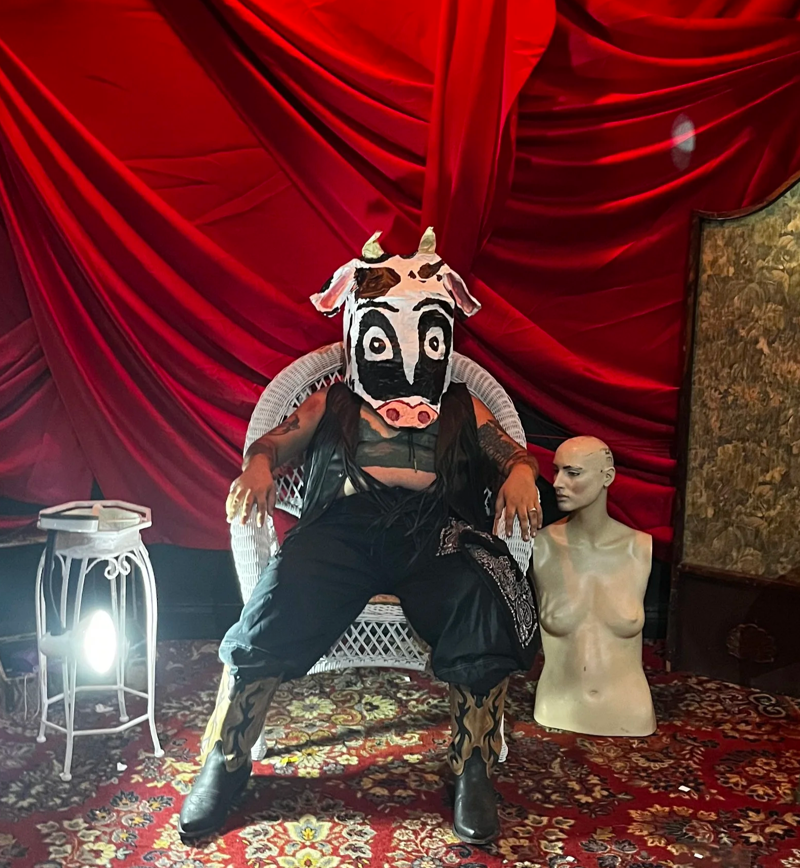 Cow painted cardboard mask I made for my play Visiones Del Cuerpo