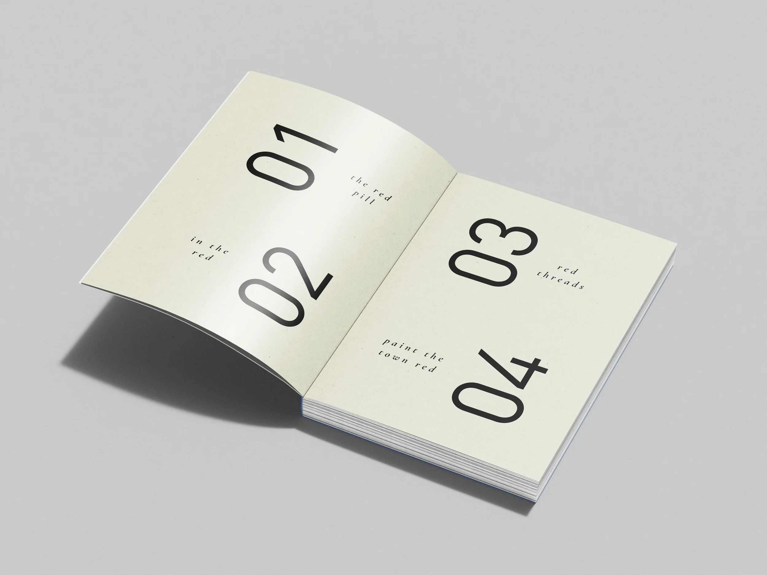 An open booklet featuring black and gray large numbers with small text. The left page displays the numbers 01 and 02 with the small text 'the red pill' and 'in the red'. The right page shows the numbers 03 and 04 with the small text 'red threads' and 'paint the town red'. The booklet is placed on a plain gray surface with a soft shadow.