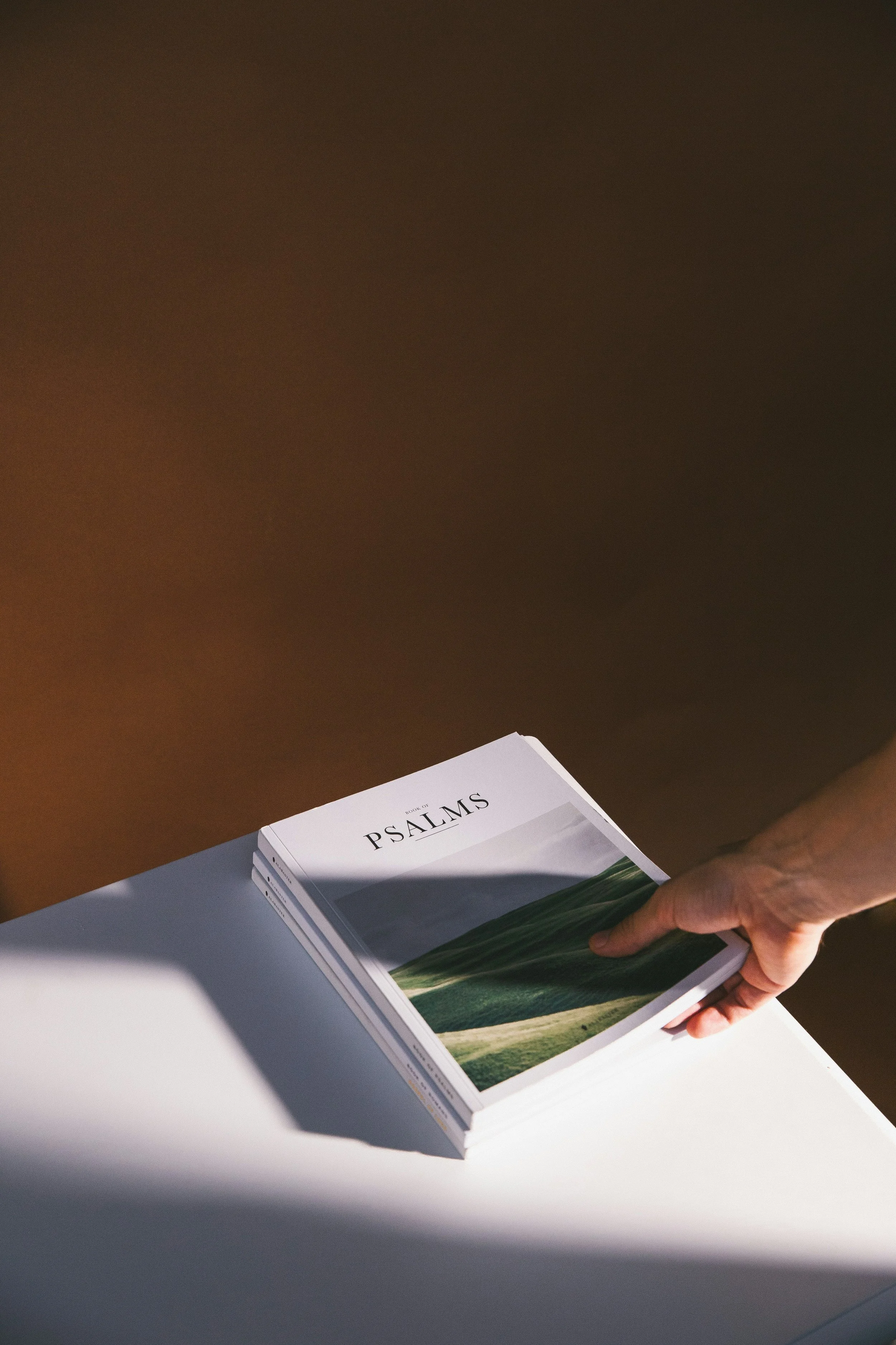 A person is holding a Bible titled 'Psalms' over a white surface, with a shadow cast across part of the book and surface.
