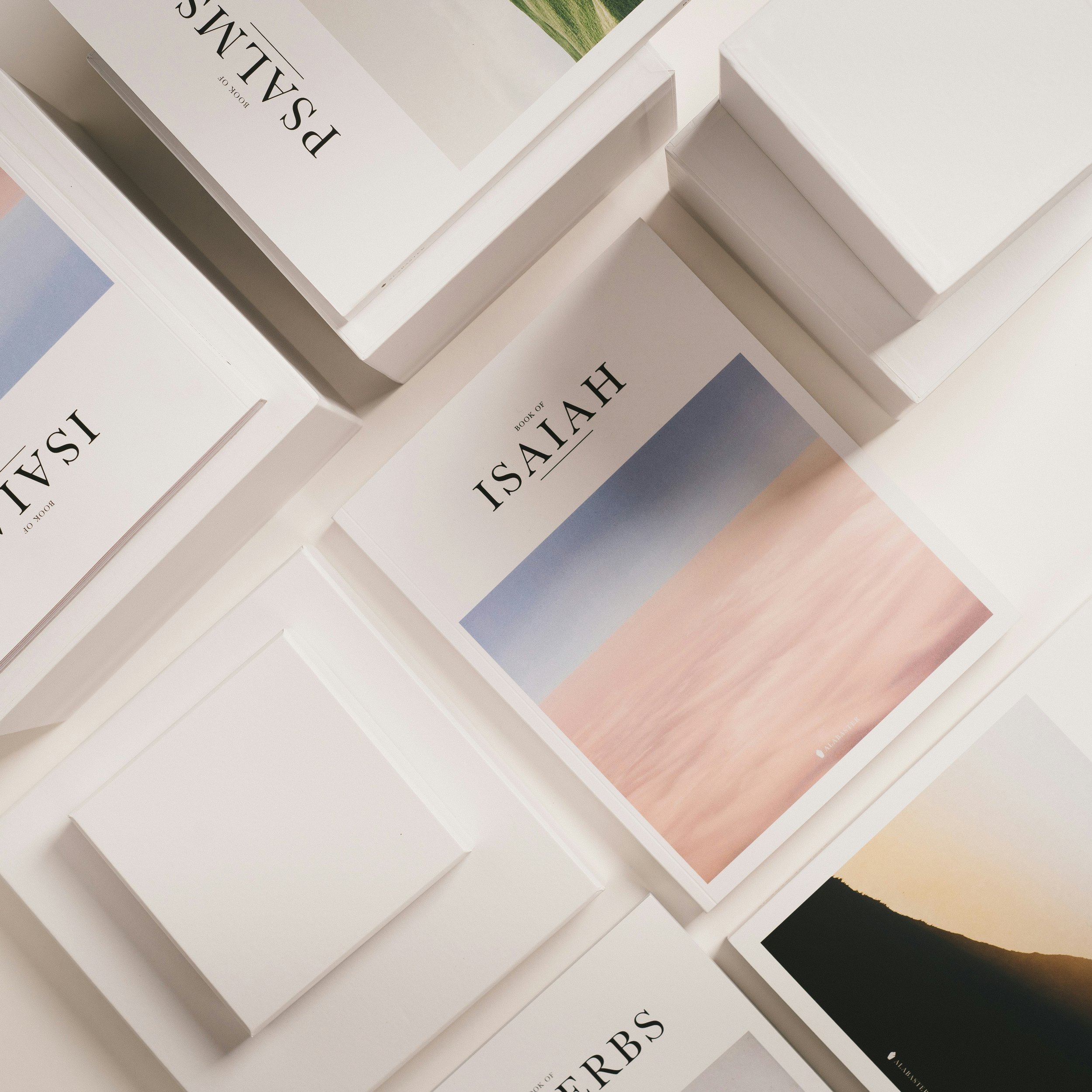 Books about Israel, Havas, and Palm Springs with minimalist covers featuring sky and landscape images, arranged on a white surface.