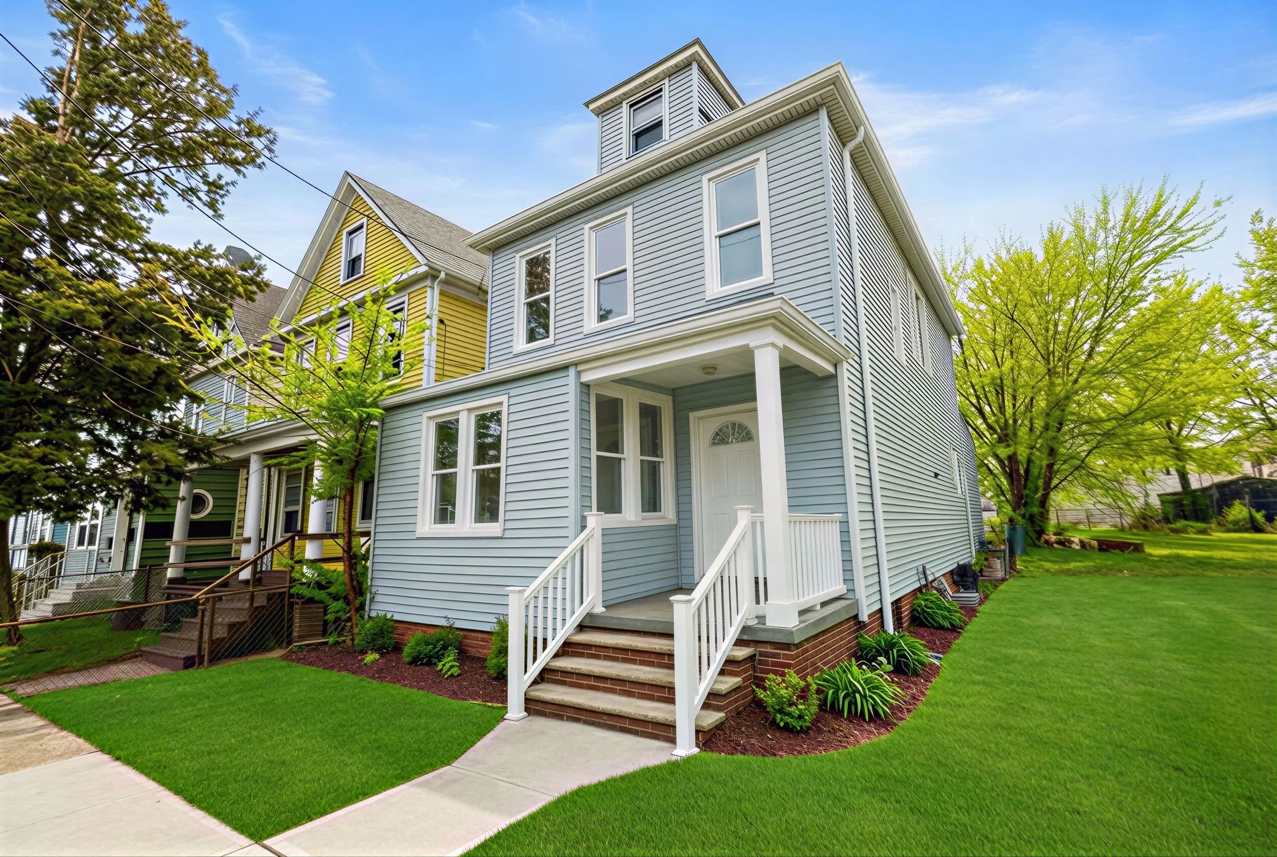 Decorative tray with a black vase filled with white flowers and blue berries, two wine glasses, small jars, and bowls on a white marble kitchen island.