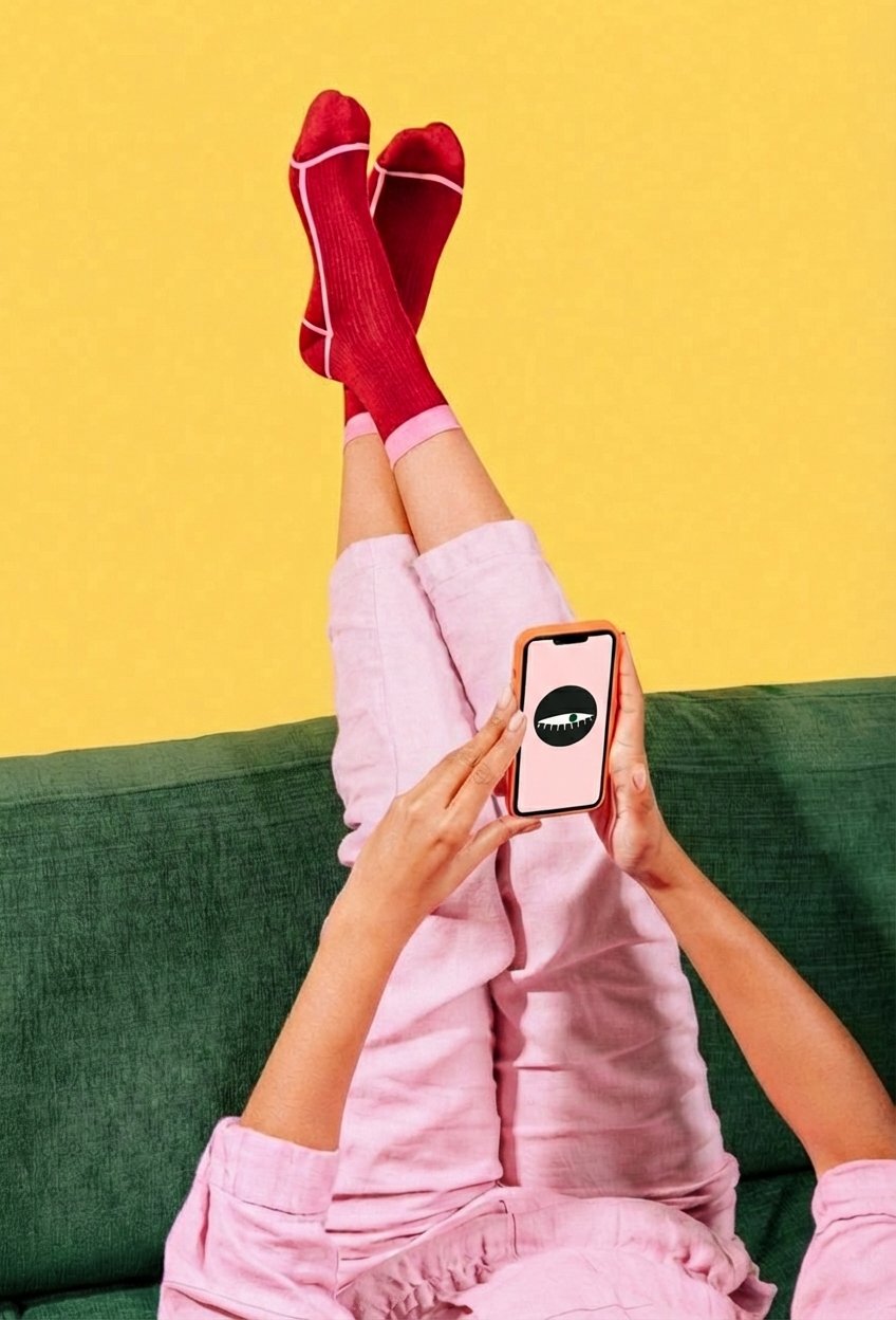Personas relajadas en un sofá verde, tomando una selfie con un teléfono móvil, usando medias rojas y pantalones cortos rosados, fondo amarillo.