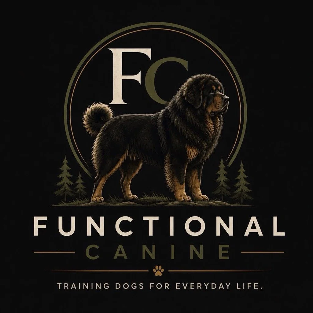 Logo for Functional Canine featuring a detailed illustration of a large dog, likely a Rottweiler, standing in front of a circular background with trees and the text "FC" at the top and "Functional Canine" at the bottom, along with the tagline "Training dogs for everyday life."