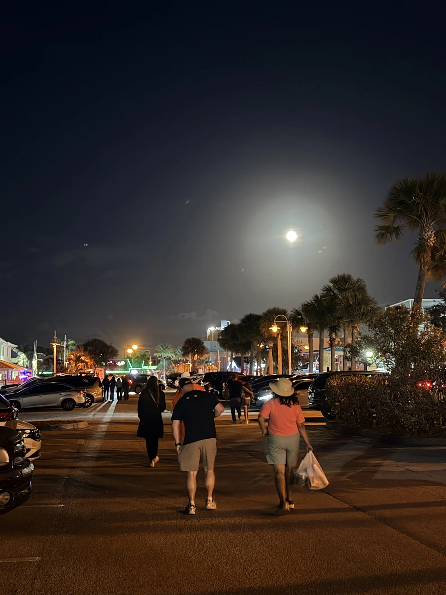 People walking down a dark street with a full moon in the sky.