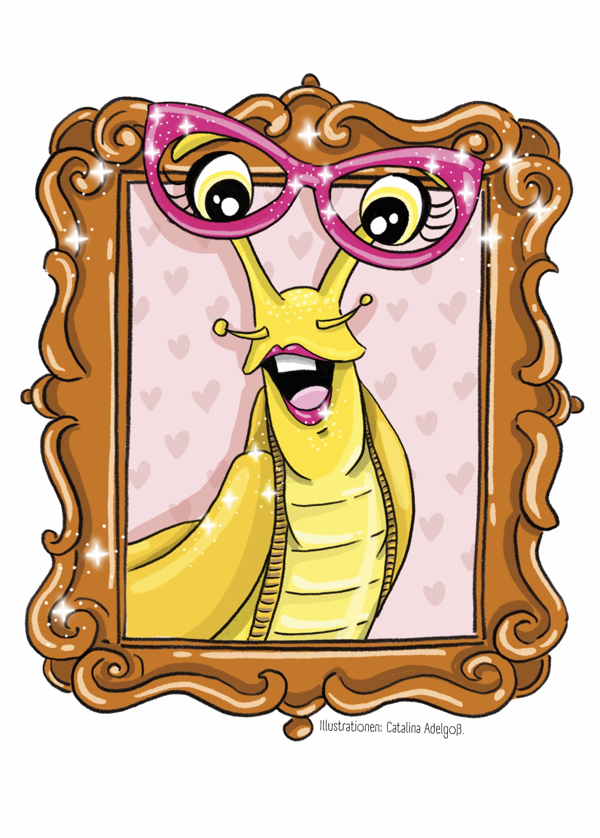 Eine cartoonartige Froschfigur mit großer, lachender Miene, rosa Brille, in einem goldfarbenen Kleid, in einem dekorativen braunen Bilderrahmen. Hintergrund mit kleinen Herzmustern.