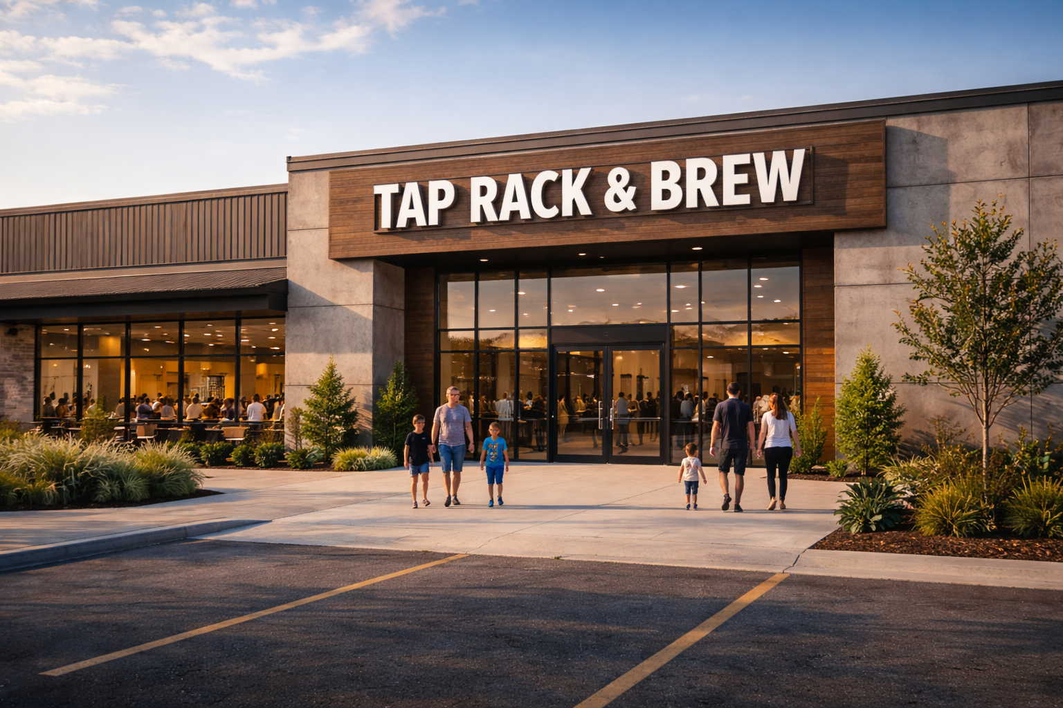 People walking into a restaurant named Tap Rack & Brew, with large glass windows and a modern exterior, during sunset.