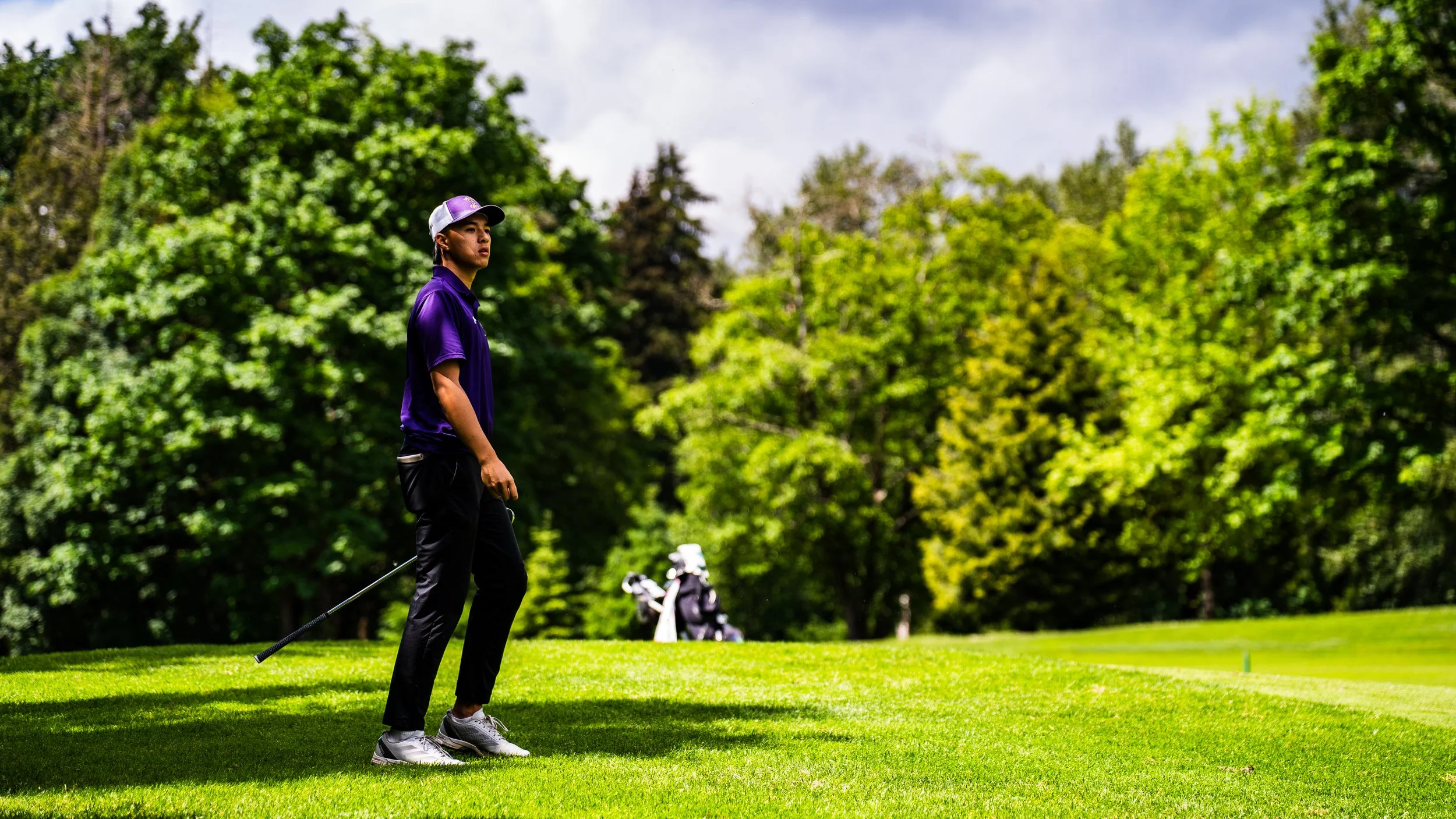 A young man in a purple shirt and gray cap holding a golf club on a sunny golf course with lush green trees in the background.