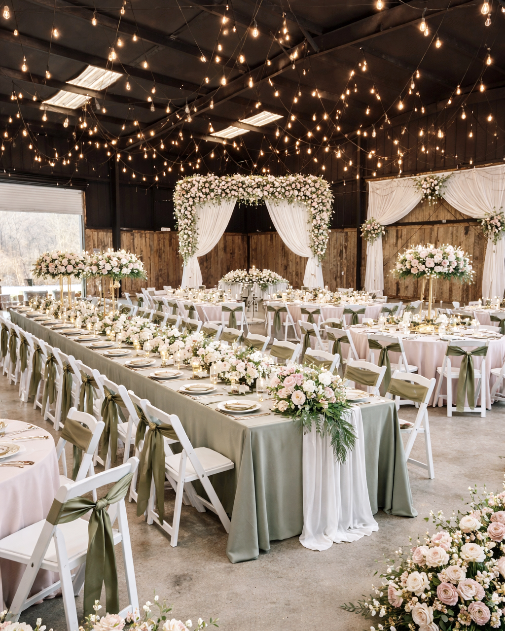 Elegant wedding reception decorated with pastel pink and white flowers, adorned with string lights, and draped curtains in a rustic venue.