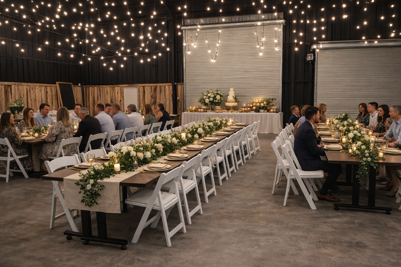 Indoor wedding reception with long banquet tables decorated with white flowers and candles, wedding cake on a table near a garage door, string lights overhead, and guests seated and conversing.