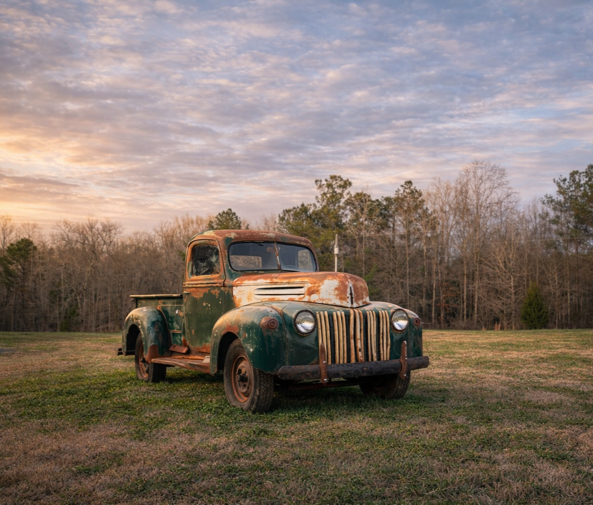 Old rusted vintage pickup truck sitting in a grassy field with a backdrop of trees and a partly cloudy sky at sunset.