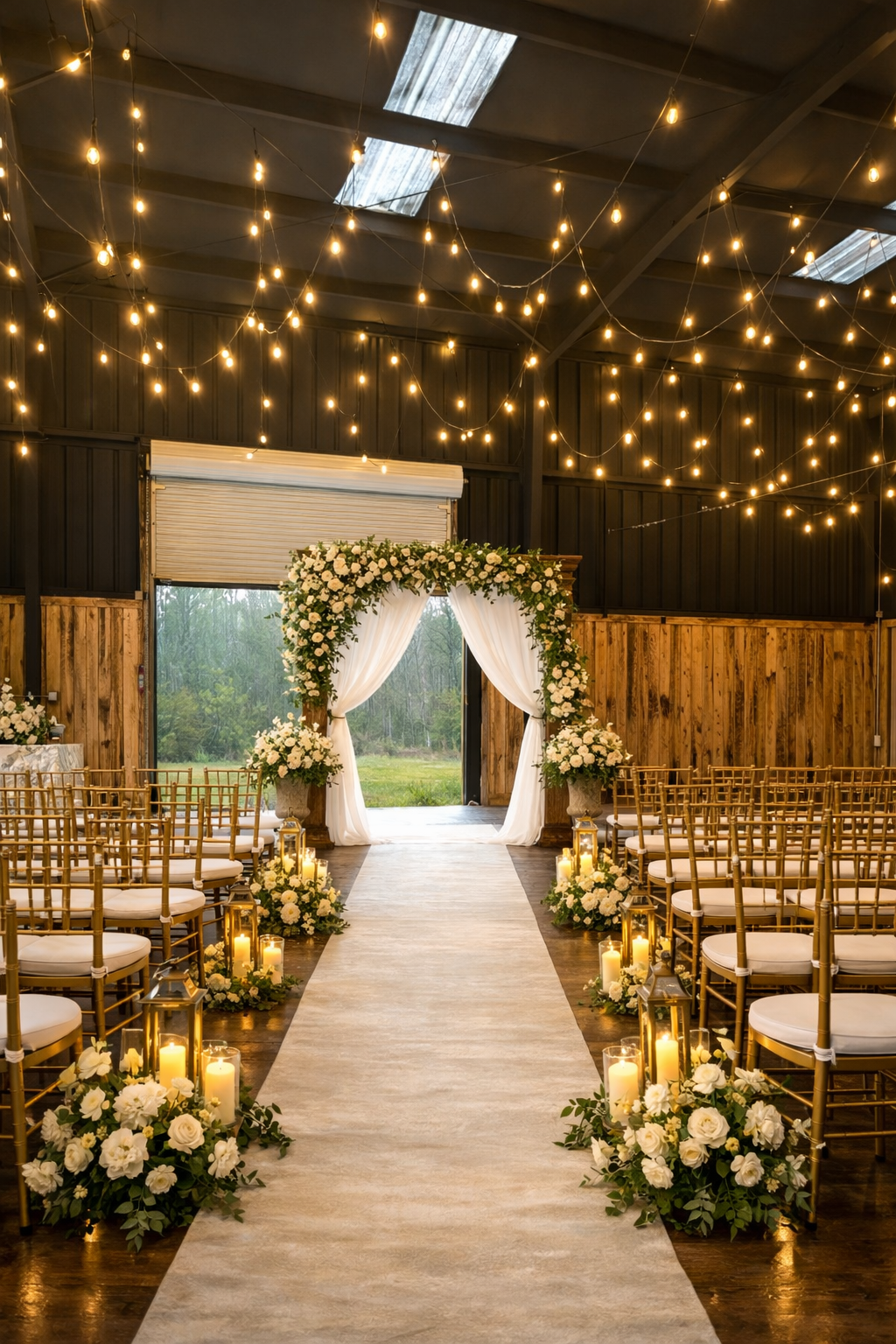Indoor wedding ceremony setup with floral arch, aisle candles, string lights hanging from ceiling, gold chairs, and greenery outside visible through open doors.