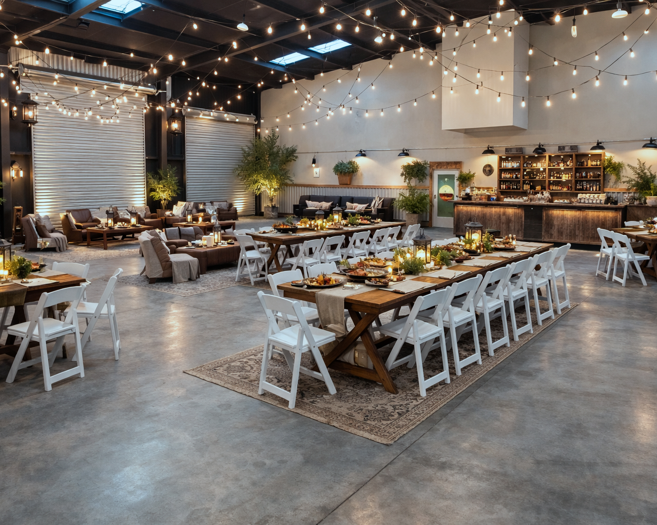Elegant indoor event space decorated with string lights, potted plants, and wooden tables set for dining, featuring white chairs and a bar in the background.