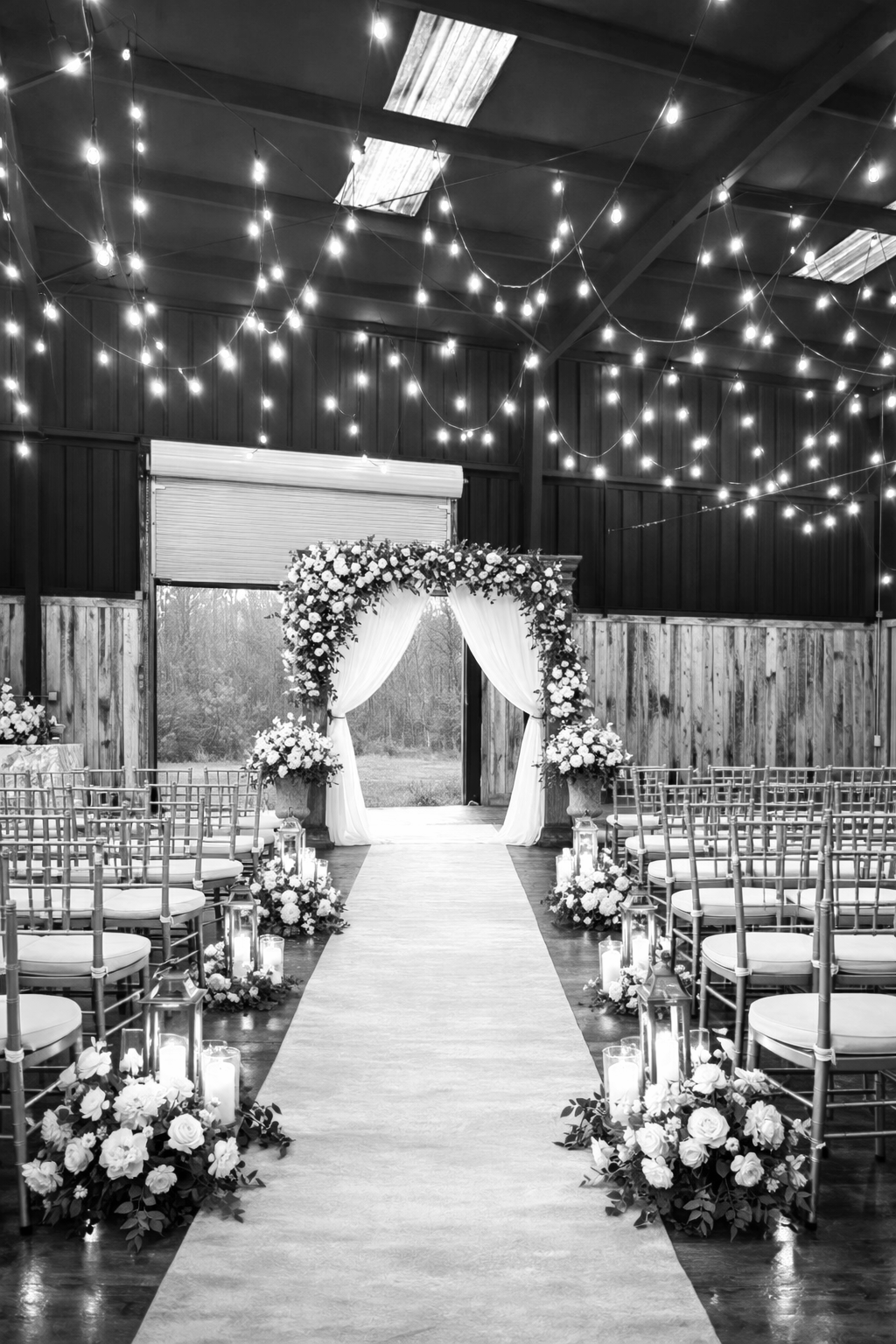 Wedding aisle decorated with flowers and candles, with an arch at the end, inside a barn adorned with string lights.