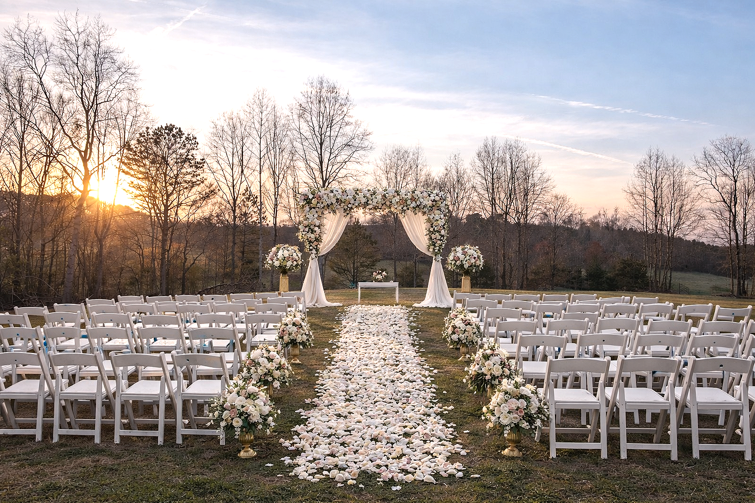 Outdoor wedding setup with a flower-decorated arch, white chairs on both sides of a flower petal aisle, and sunset in the background.