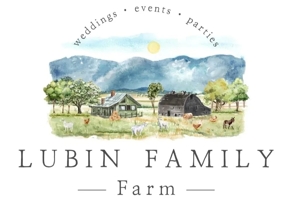 Watercolor illustration of a farm with houses, trees, mountains in the background, and animals including goats, chickens, a horse, and cats in the foreground. The text reads "Weddings, events, parties" and "Lubin Family Farm."