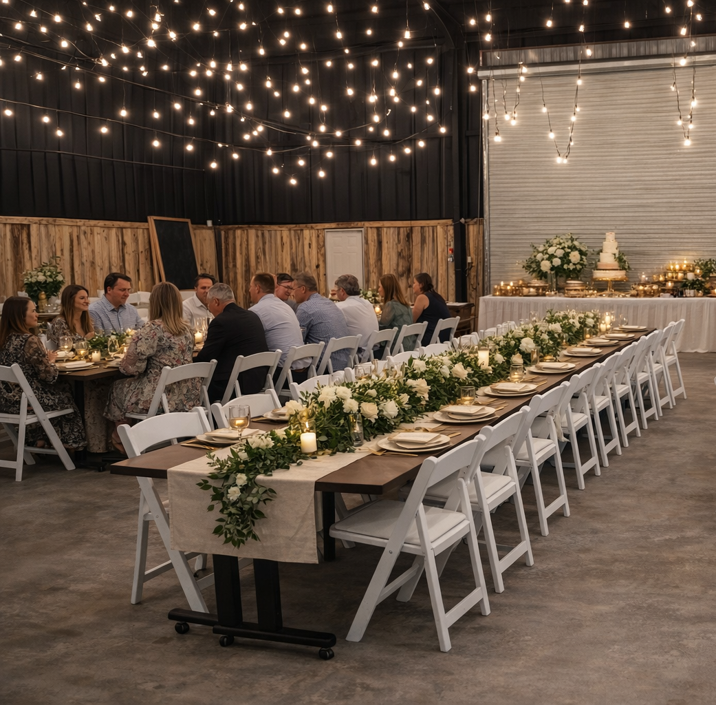 Indoor wedding reception with long tables decorated with white flowers, candles, and table settings, in a rustic barn with string lights hanging from the ceiling.