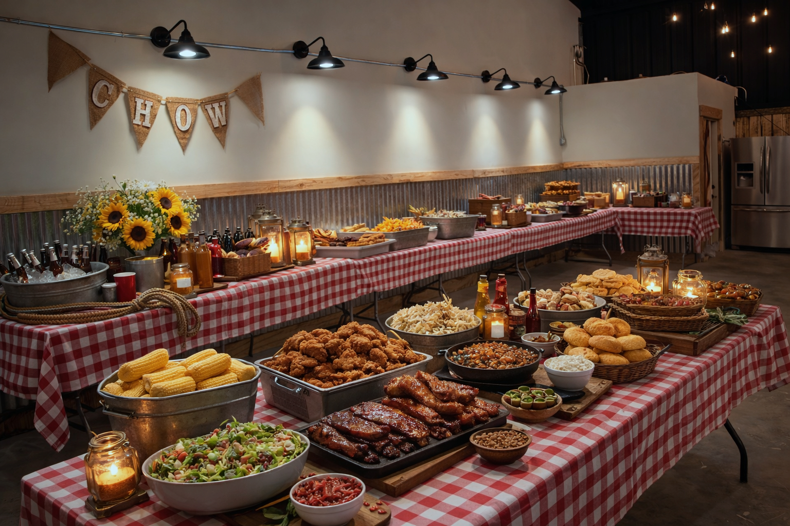 Buffet table with fried chicken, corn on the cob, salad, barbecue ribs, and various side dishes at a rustic event with red checkered tablecloths, candles, and bunting that says "CHOW."