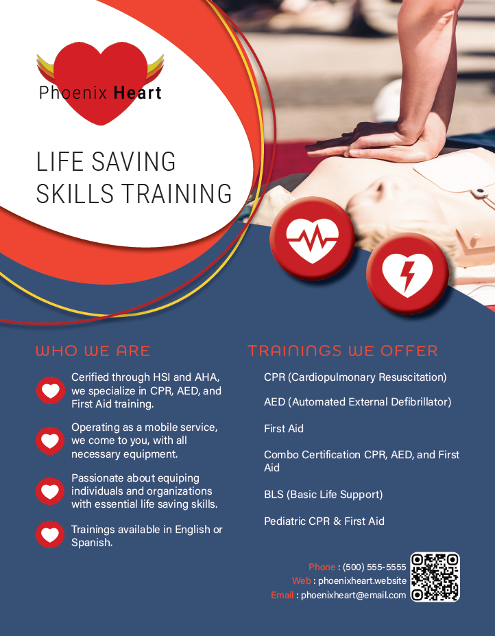 A flyer for Phoenix Heart life-saving skills training features a red heart logo, a person performing CPR on a mannequin, and icons of a heart with a heartbeat line and a lightning bolt. It details training services including CPR, AED, first aid, and BLS, with contact information and a QR code.