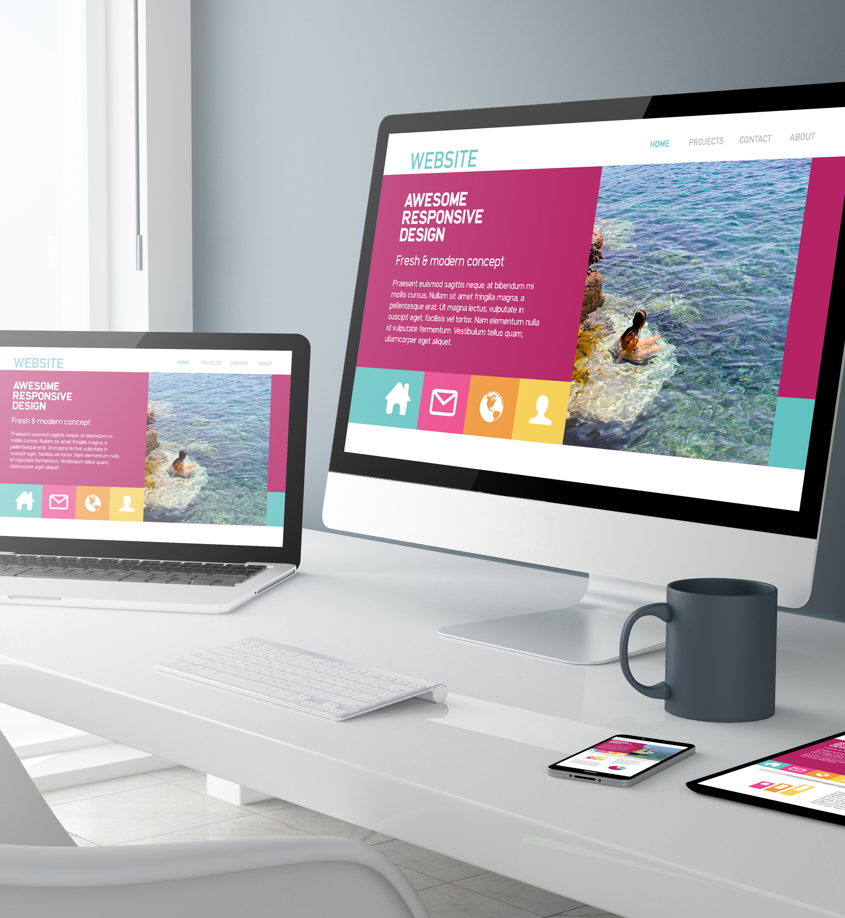 A website seen on a desktop computer screen, laptop screen,  and smartphone screen.