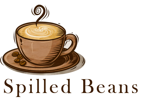 Example logo created for a faux business named 'Spilled Beans' featuring the name of the business underneath a cartoon illustration of a steaming cup of coffee on a saucer.