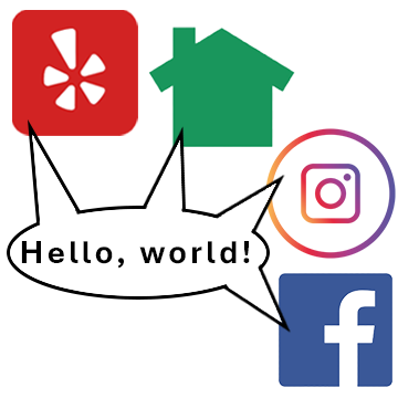 Collection of social media app icons, including Yelp, Nextdoor, Instagram, and Facebook, with a speech bubble saying "Hello, world!"
