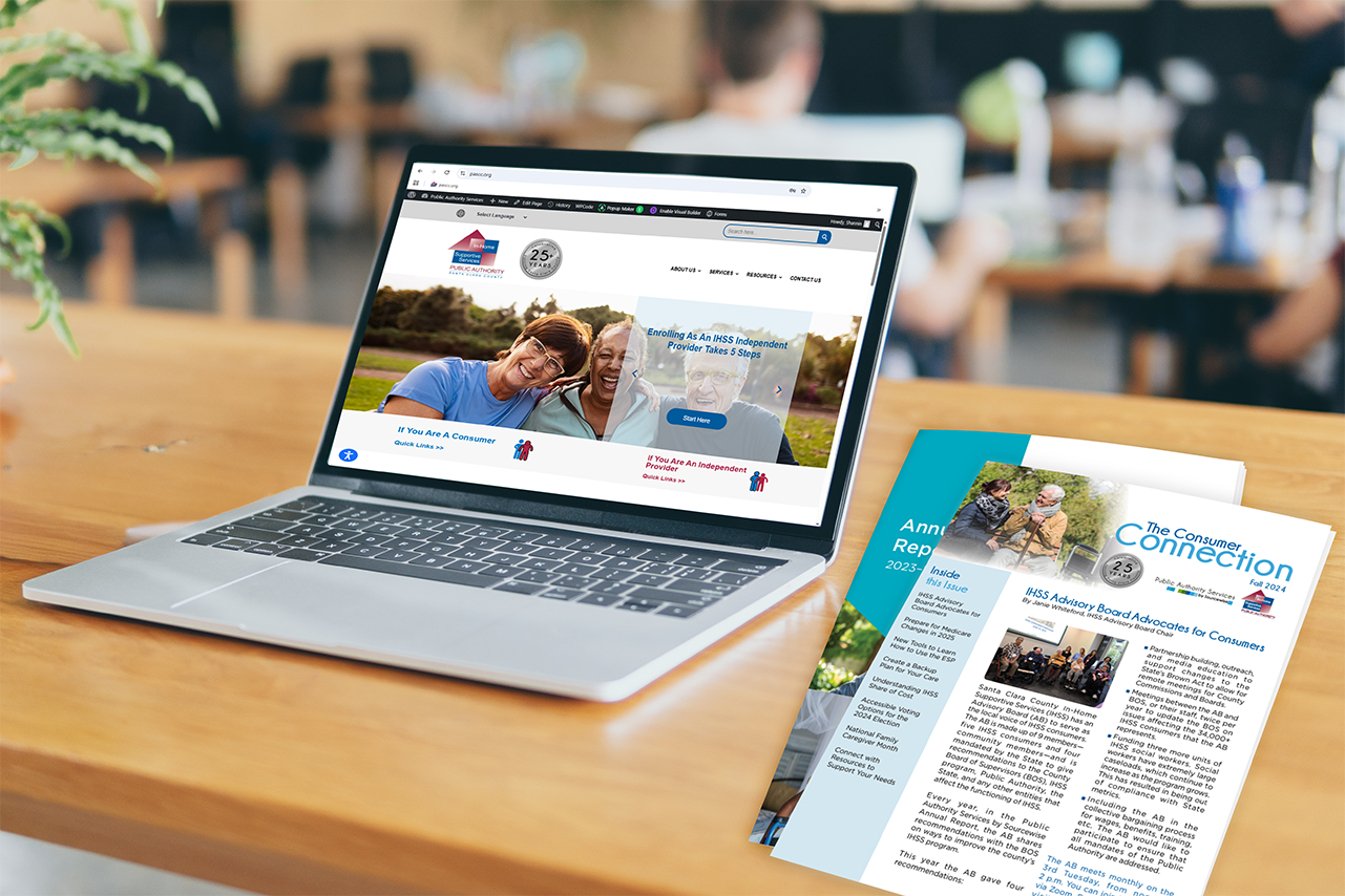 Laptop screen displaying a website for Public Authority Services, and two documents on a wooden desk; one titled 'Annual Report 2023' and the other  a newsletter titled The Consumer Connection.
