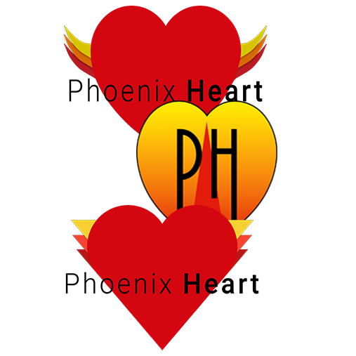 Logo design option graphic with red hearts, flame colored wings, and the words 'Phoenix Heart' and the initials 'PH' in a heart shape.