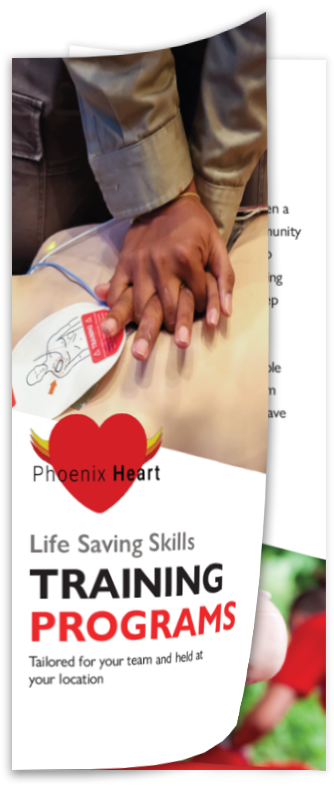 A brochure for Phoenix Heart Life Saving Skills Training Programs with a close-up of a person performing hands-only CPR on a training dummy.