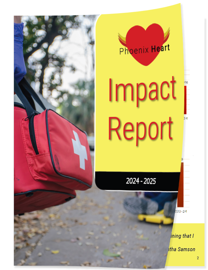 An impact report cover titled 'Phoenix Heart Impact Report 2024-2025' for a faux business named 'Phoenix Heart' with a red heart logo,  a red medical bag labeled with a white cross, and a person sitting on a curb in the background.