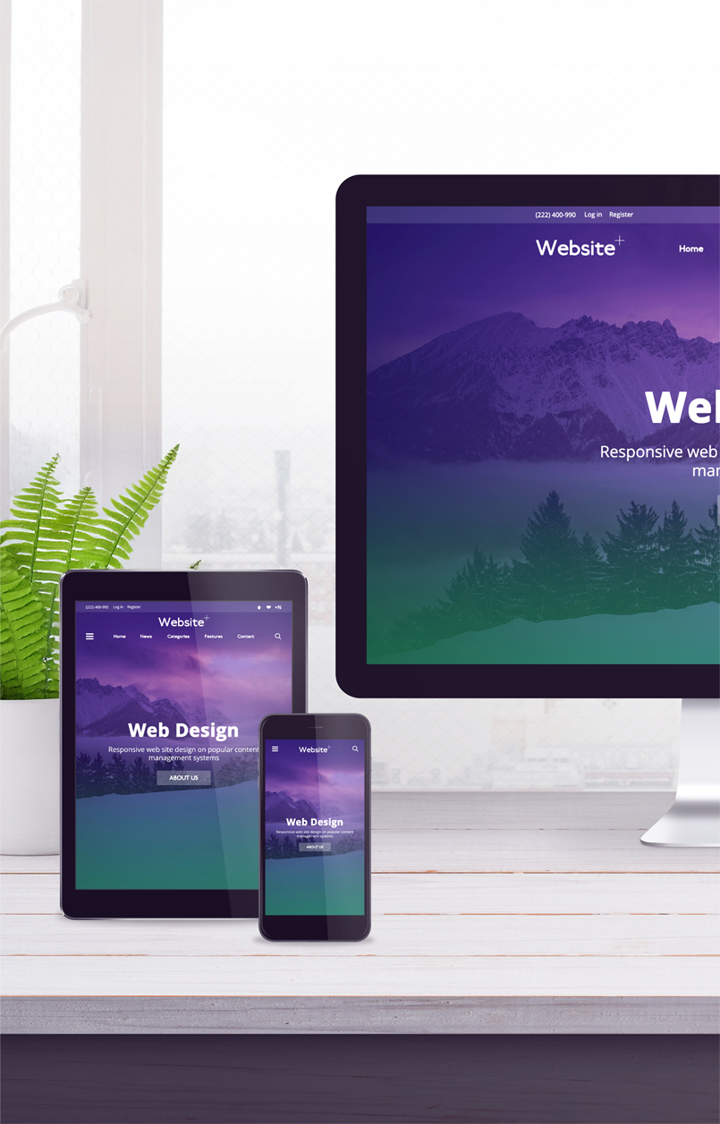 A computer monitor, a tablet, and a smartphone displaying a website with a purple mountain landscape background, on a white desk with a green fern plant, in a bright room with a window.