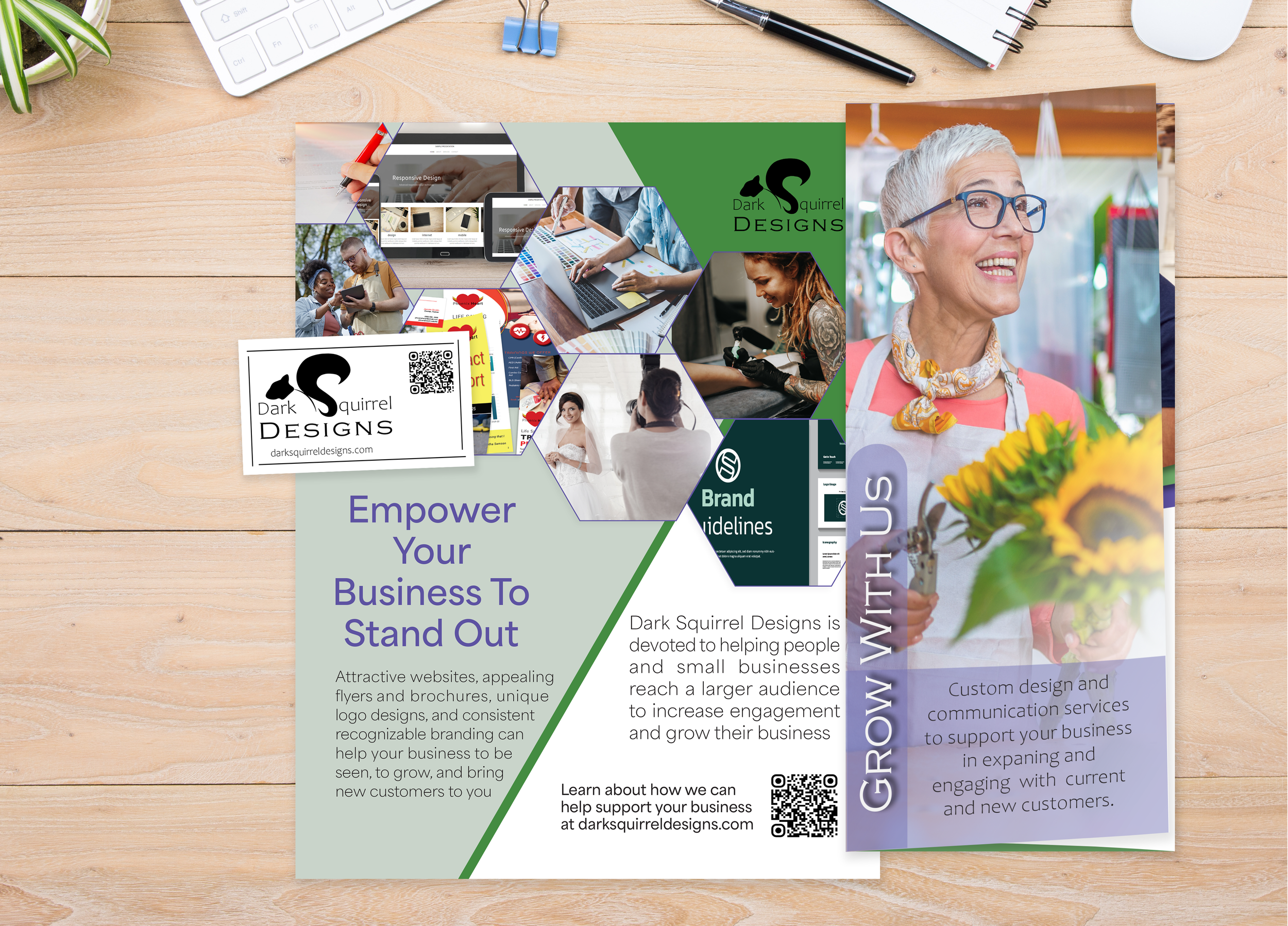 A business card, flyer, and brochure for Dark Squirrel Designs laying on a table