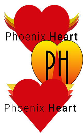 Two large red hearts with yellow accents behind them, and a smaller yellow heart in front with black text 'PH' inside. The word 'phoenix' appears partially on the hearts.