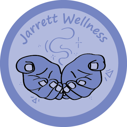 Logo for Jarrett Wellness featuring two hands in a fist bump with a smoky line above, inside a circular border.