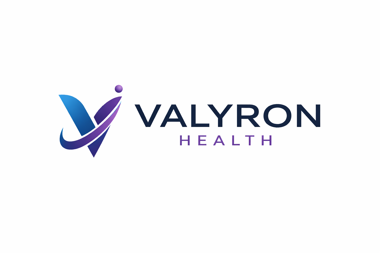 Valyron Health logo with stylized letter V in blue and purple, featuring a swoosh through it, alongside the text 'VALYRON' in dark blue and 'HEALTH' in purple.