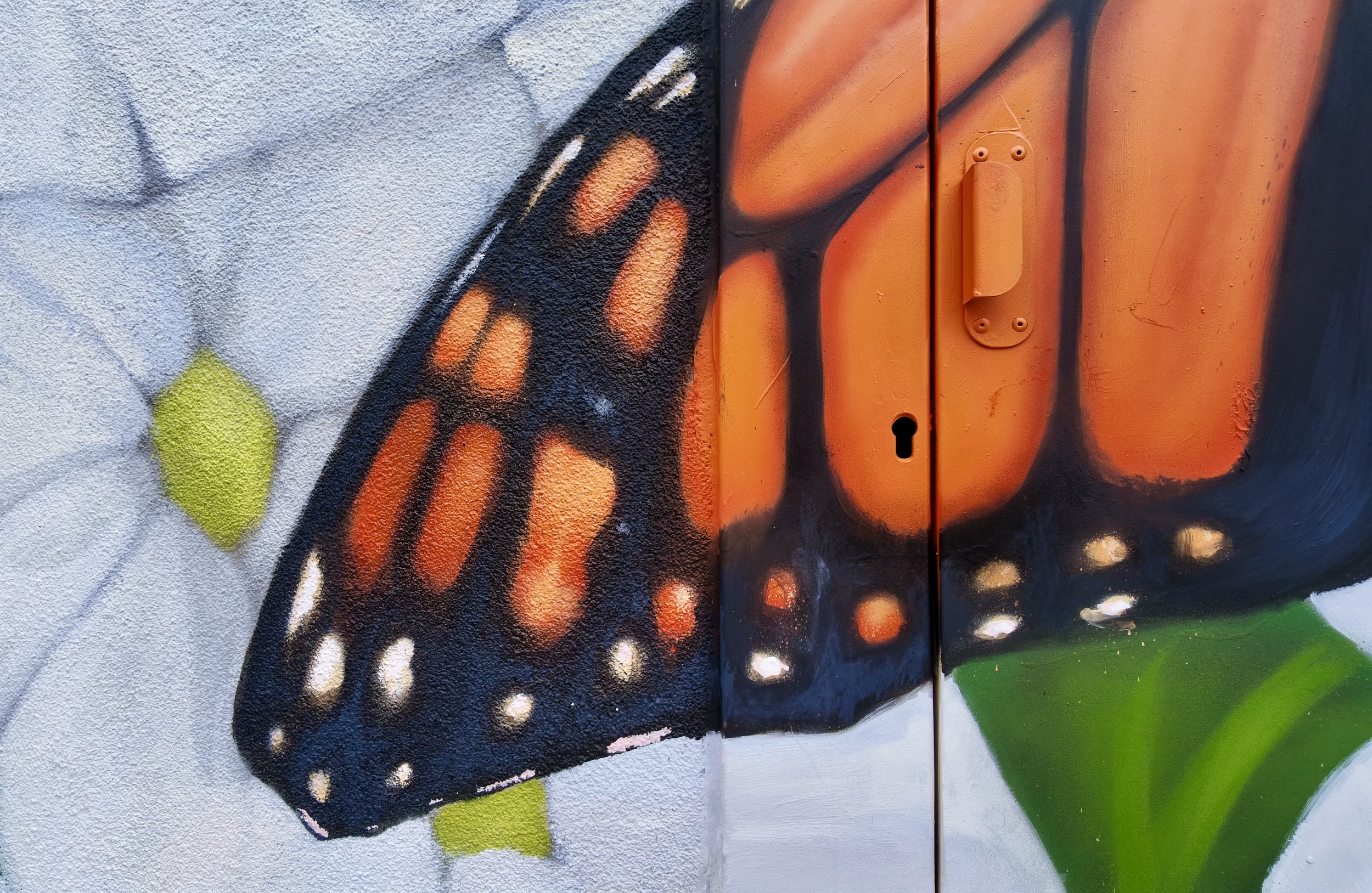 Détail d’une aile de papillon monarque peinte sur fond floral dans une fresque murale à Moret-Loing-et-Orvanne.
