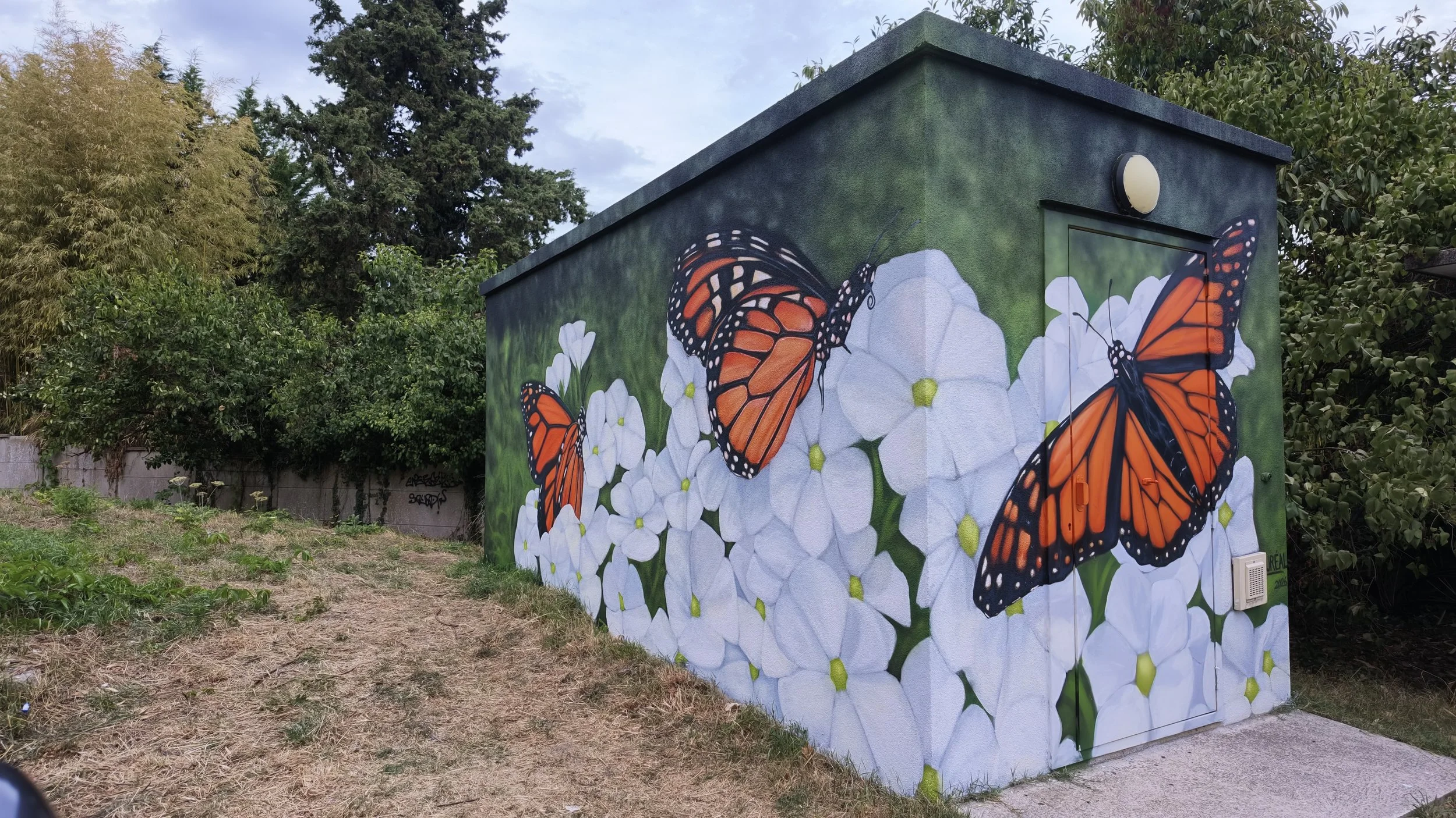 Vue d’ensemble d’une fresque de papillons monarques sur un transformateur urbain à Moret-Loing-et-Orvanne (77).