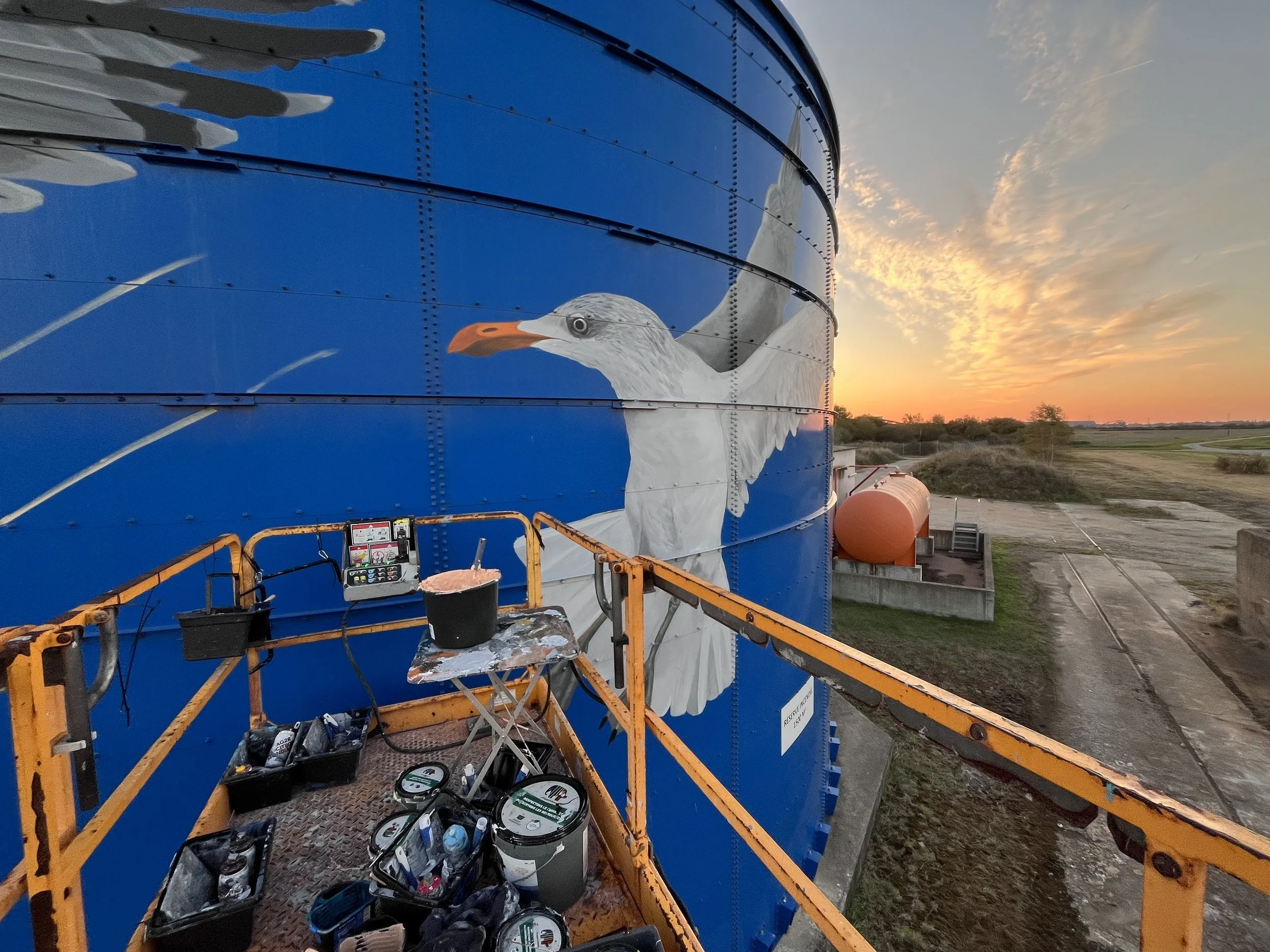 Détail du plumage gris et blanc et des ailes déployées d’une mouette peinte sur une cuve métallique bleue.