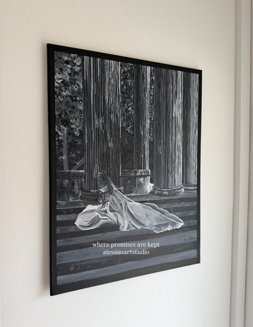 A black and white acrylic painting of a woman in a flowing wedding dress kneeling on steps in front of large temple columns, with trees in the background. The mood is full of love, longing and loss. Text on the print reads 'where promises are kept'