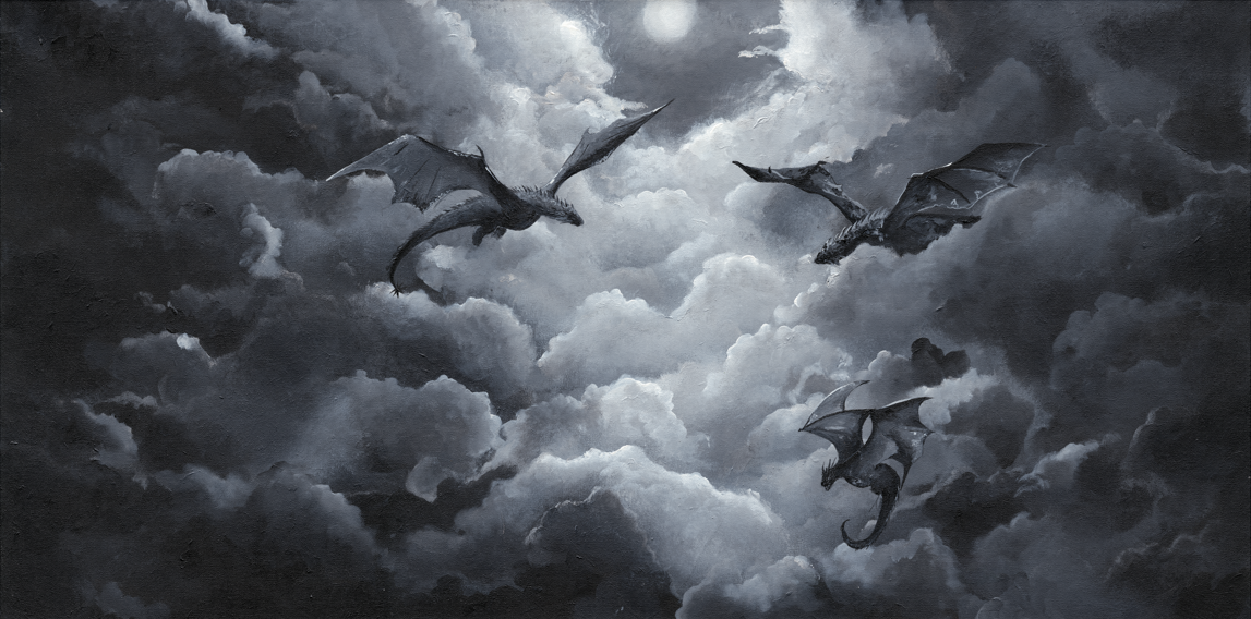 Black and white fantasy painting print by Alessia called 'Moonlit Drift' showing three dragons flying through the clouds with a hushes, mystical world below and moonlight illuminating a path through the sky.