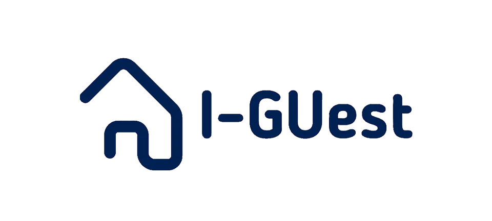 Logo do I-Guest com um ícone de uma casa simples e o texto 'I-Guest' ao lado.