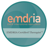 EMDRIA Certified Therapist logo with teal background and orange and white text