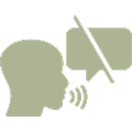 Icon of a person speaking with a slash and line through it, indicating no speech or voice