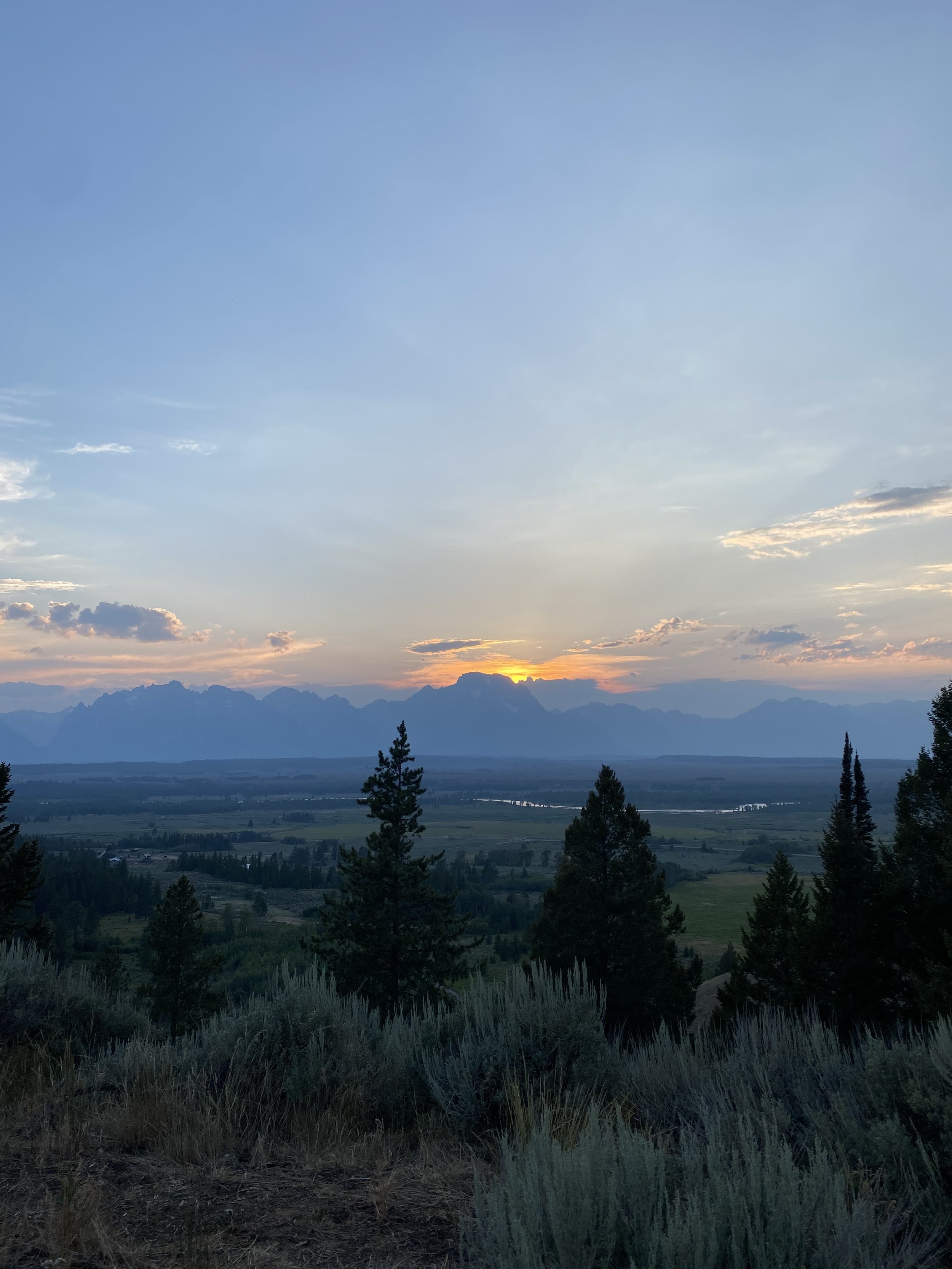 Scenic landscape with a sunset over mountain range, tall trees in foreground, and a vast valley with rivers.